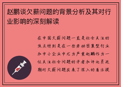 赵鹏谈欠薪问题的背景分析及其对行业影响的深刻解读