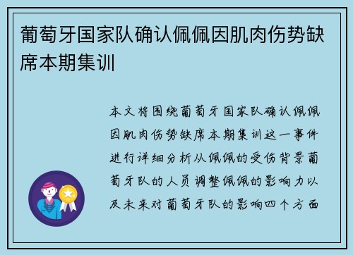 葡萄牙国家队确认佩佩因肌肉伤势缺席本期集训